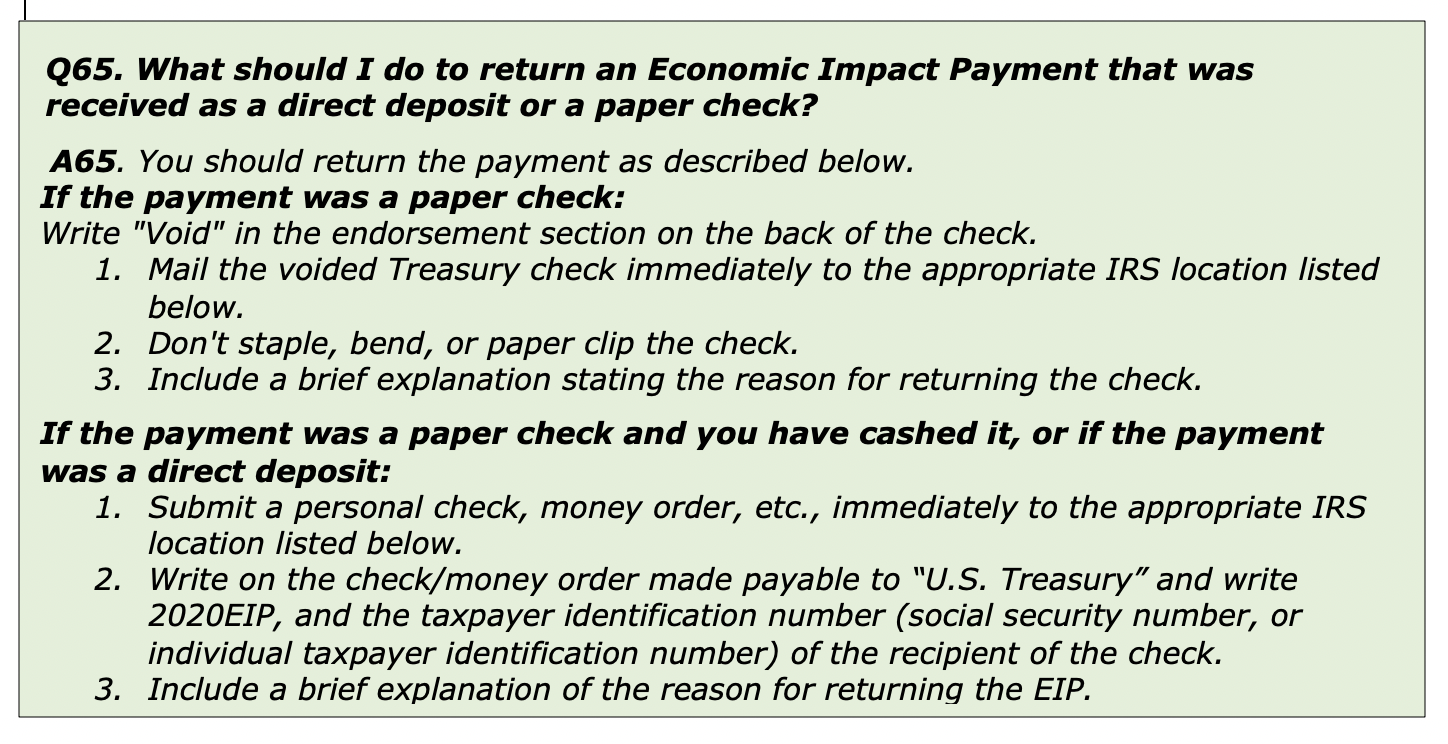 What should I do to return an economic impact payment that was received as a direct deposit or a paper check?